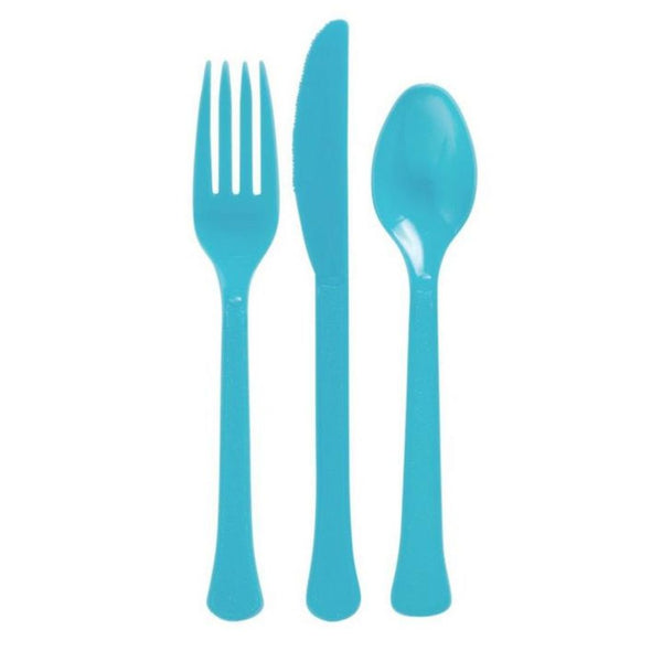 مجموعة أدوات المائدة البلاستيكية الفاخرة باللون الأزرق الكاريبي